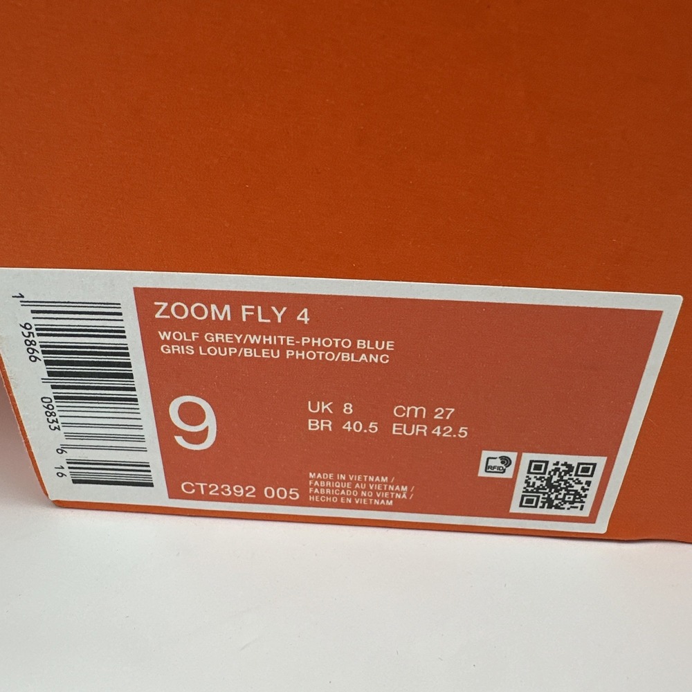 New In Box - Nike Men's Zoom Fly 4 Size 9 Wolf Grey Photo Blue CT2392-005 - Picture 2 of 5